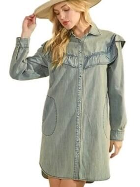 NWT Lovelo Denim Collared Ruffle Button Up Long Sleeve Mini Dress Size L